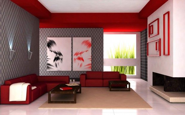 Sala moderna roja y gris
