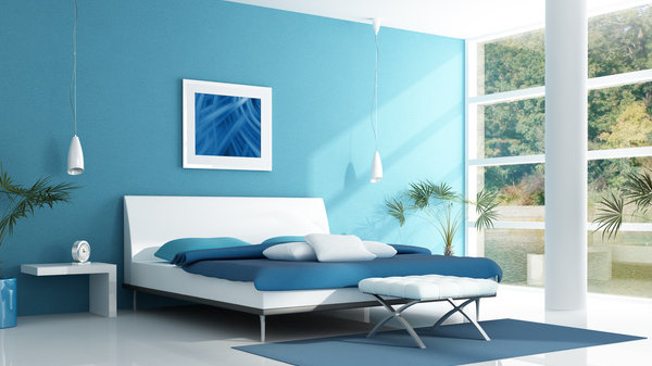 blue bedroom in a lake house - rendering